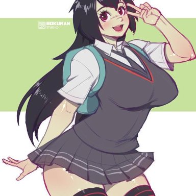 aged up, alternate breast size, backpack, black hair, bokuman, into the spider-verse, leggings, peace symbol, peni parker, skirt, spider-man (series)