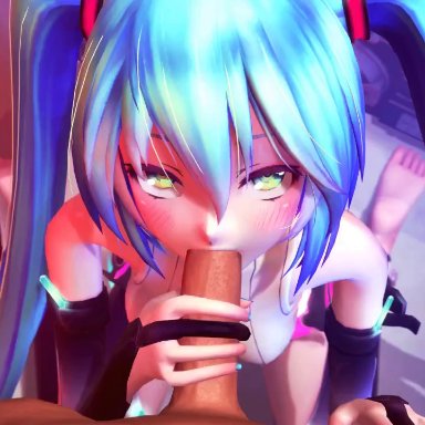 1boy, 1girls, 3d, animated, aqua hair, breasts, clothed female nude male, dark skin, dark-skinned male, erection, feet, fellatio, female, handjob, hatsune miku