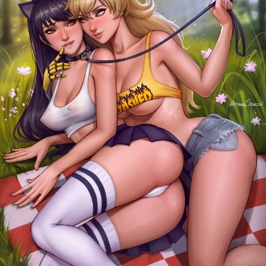 2girls, aroma sensei, ass, black hair, blake belladonna, blonde hair, blush, breasts, clothing, collar, curvy, duo, female, female only, grass