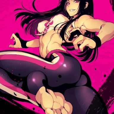 1girls, abs, alternate costume, ass, bare shoulders, belly, black hair, clenched teeth, curvy, erect nipples, feet, female, female focus, female only, fighting stance