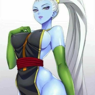 1girls, angel, angel (dragon ball), arm sleeves, ass, bare ass, bare legs, bare shoulders, blue eyes, blue lips, blue skin, busty, clothed female, clothes, clothing