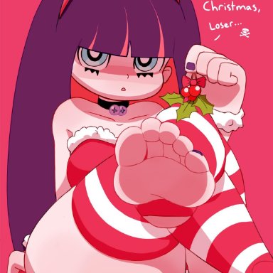 1girls, ass, bangs, bell choker, blue eyes, blunt bangs, breasts, choker, christmas, christmas outfit, clothed, dialogue, english text, eyelashes, fake antlers