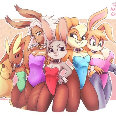 :3, 3 toes, 5girls, animal ears, ass, big breasts, blue eyes, breast grab, breasts, bunnie rabbot, bunny, bunny ears, bunny girl, character request, cleavage