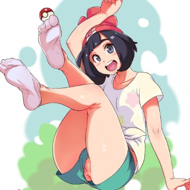 1girls, absurdres, anus, anus peek, arm up, ass, black hair, blue eyes, blush, breasts, clothed, crystalcheese, crystalcheese (artist), day, eye contact