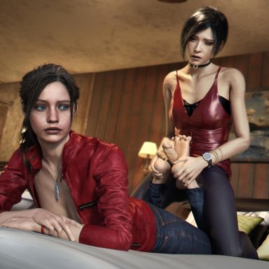 1futa, 1girls, 3d, ada wong, balls, barefoot, claire redfield, dawadd, dickgirl, erection, feet, foot fetish, footjob, futa on female, futanari