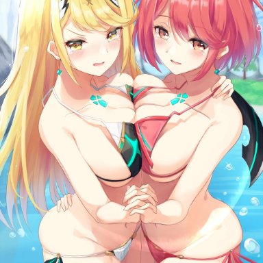 2girls, arm around back, ass, bangs, bare shoulders, beach, bikini, blonde hair, blue sky, blush, breast press, breasts, brown eyes, cleavage, cloud