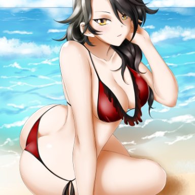 arm support, ass, beach, bikini, black hair, breasts, cinder fall, cleavage, day, female, female only, hand up, kimmy77, large breasts, long hair