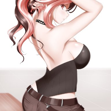 alternate costume, ass, back, bare arms, bare back, bare shoulders, belt, black corset, blush, breasts, brown belt, brown hair, brown pants, cleavage, corset