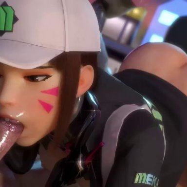 1boy, 1girls, 3d, animated, areolae, ass, breasts, d.va, edit, erection, fellatio, female, lvl3toaster, male, nipples