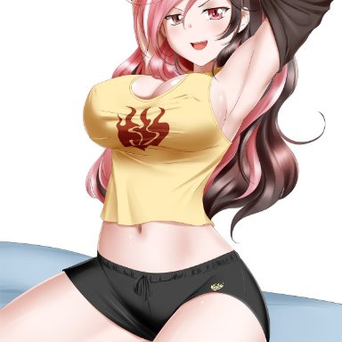 :d, >:d, alternate costume, armpits, arms up, bare legs, bare shoulders, bed, black shorts, blush, breasts, brown eyes, brown hair, cosplay, erect nipples