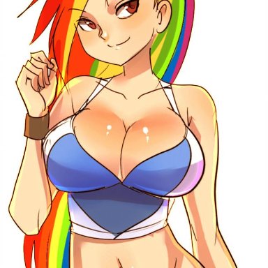 bare shoulders, belly, bellybutton, big breasts, blue hair, brown eyes, cleavage, clothed, clothed female, clothes, clothing, female, green hair, hips, human