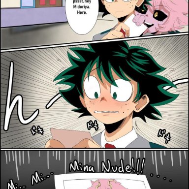 big breasts, classroom, comic, english text, izuku midoriya, japanese text, male, mina ashido, my hero academia, nude, photo (object), thehumancopier