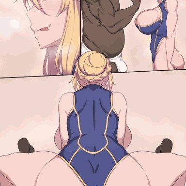 1boy, 1girls, amazon position, anal, animated, areolae, artoria pendragon (all), ass, backboob, bare shoulders, big breasts, blonde hair, bodysuit, breasts, censored