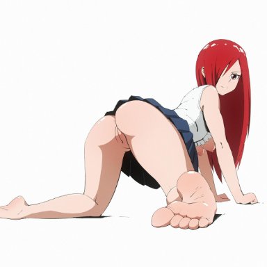 1girls, asymmetrical hair, back view, doggy style, erza scarlet, fairy tail, feet, flou, hair over one eye, large breasts, pussy, red hair, solo