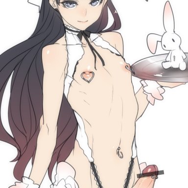 1boy, animal ears, ban, bangs, bar censor, belly piercing, black hair, blush, bow, bunny ears, censored, choker, erection, femboy, fishnet legwear