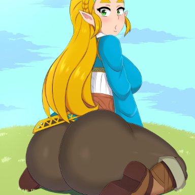 1girls, ass, big ass, blonde hair, breath of the wild, clothing, drunkavocado, female, female only, grass, hair, huge ass, hylian, kneeling, large ass