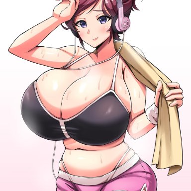 1girl, bare midriff, beryl (junkpuyo), big breasts, breasts, brown hair, brunette, bursting breasts, cleavage, cum, fat folds, female, female only, folded ponytail, full cleavage