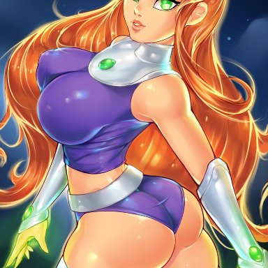 1girls, ange1witch, artist name, ass, clothing, curvy, dc, female, female only, green eyes, hair, long hair, looking at viewer, nipple bulge, orange hair