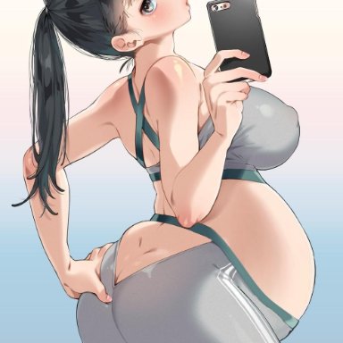 1girls, armpits, artist request, ass, ass grab, back, bare shoulders, belly, big ass, big belly, big breasts, black hair, blue background, blush, bra