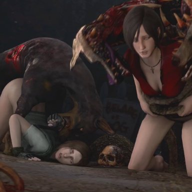 2girls, 3d, ada wong, animated, areolae, bestiality, cemetery, dog, doggy style, female, female on feral, feral, interspecies, jill valentine, rape