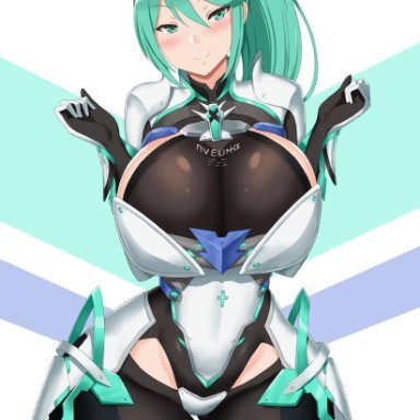 armor, bangs, blush, breasts, bursting breasts, cleavage, curvy, elbow gloves, female, gem, gloves, green eyes, green hair, hair ornament, headpiece