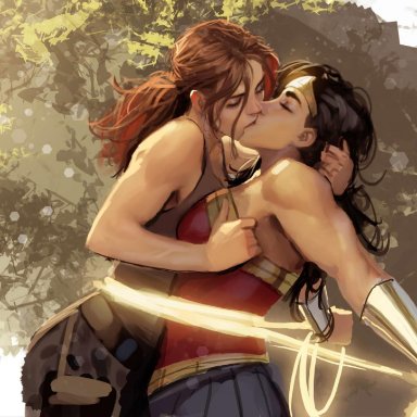 2girls, black hair, brown hair, closed eyes, costume, crossover, dark hair, dc, dc comics, diana prince, female, female only, hand in another's hair, hand in hair, kissing