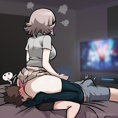 1boy, annoyed, ass, bed, beige skirt, blush, breasts, danganronpa, danganronpa 2: goodbye despair, devil may cry, devil may cry 5, erection, female, femdom, grey shorts