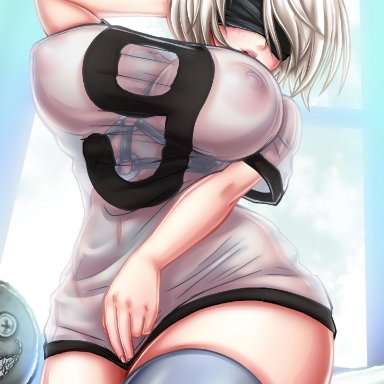 1girls, android, areolae, big breasts, blindfold, breasts, curvy, female, female only, hair, large breasts, nier, nier: automata, nipples, see-through