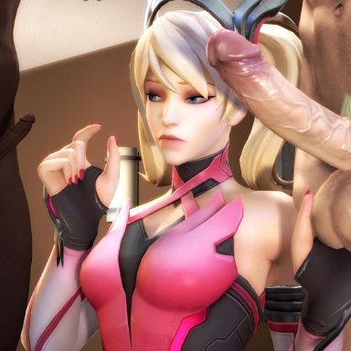 3d, almightybeastoverlord, big penis, blonde hair, blue eyes, dark skin, dark-skinned male, hand gesture, holding balls, huge cock, humiliation, interracial, mercy, overwatch, pink mercy