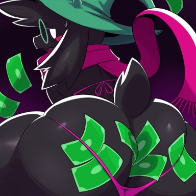 ass, big ass, black fur, blush, bra, curvy, deltarune, femboy, glasses, goat, hat, male, money, ralsei, squatting