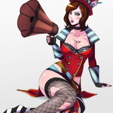 1girl, 2d, big boobs, big tits, boots, borderlands, borderlands 2, bra, breasts, brown hair, cleavage, edit, edited, green eyes, heart tattoo