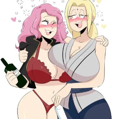 2girls, bbw, big breasts, black clover, blonde hair, blue eyes, blush, boruto: naruto next generations, bottle, bra, breasts, brown eyes, busty, cleavage, clothing