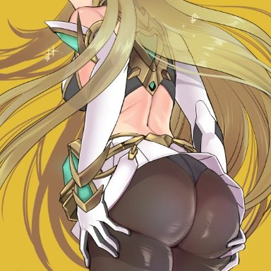 :o, 1boy, 1girl, alternate costume, ass, ass grab, back, bare shoulders, black bra, black panties, blonde hair, blush, bra, breasts, commentary