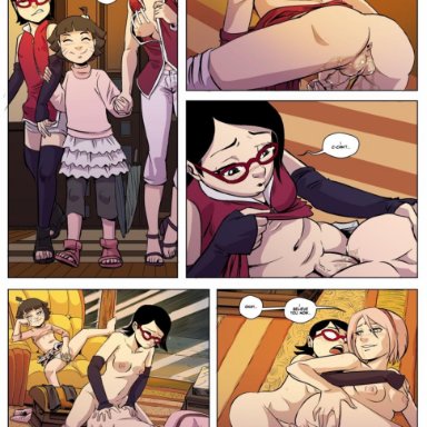 1girls, 2futas, adult, age difference, all fours, alternate breast size, anal sex, anus, ass, barefoot, big breasts, blush, boruto: naruto next generations, breasts, comic