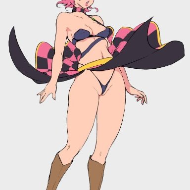 black thong, boots, breasts, choker, from behind, full body, jojo no kimyou na bouken, jojo's bizarre adventure, legs, long skirt, nipple, pink hair, pussy, skimpy, skirt