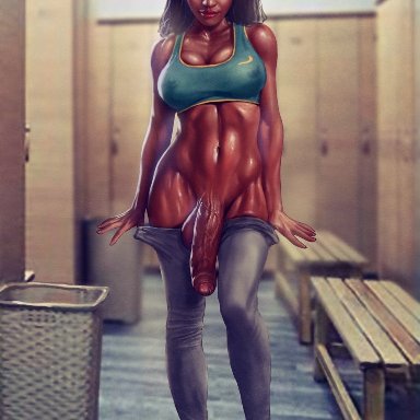 1futa, abs, balls, big penis, breasts, cleavage, dark skin, dark-skinned futanari, dickgirl, erection, foreskin, futa only, futanari, kinkyjimmy, penis