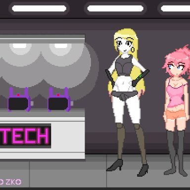 2girls, animated, big breasts, blonde hair, blue eyes, exposed breasts, hypnosis, mind control, pink hair, pixel art, resisting, robot, stockings, stripped, stripping