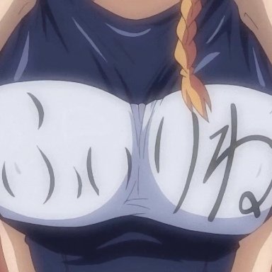 1 girl, 2d, animated, animated gif, areolae, assisted exposure, big boobs, big tits, blonde hair, boobs, boobs drop, breasts, bursting breasts, cleavage, drop