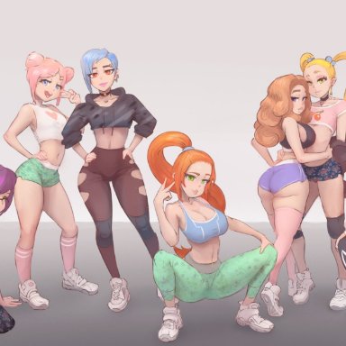 7girls, ass, big ass, bimbo, blackingyourwaifu, blonde hair, female, large breasts, multiple girls, red hair, straight