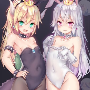 2girls, albino, alternate eye color, animal ears, armlet, bangs, bare shoulders, black collar, black legwear, black leotard, blonde hair, blue earrings, blush, boo, boosette