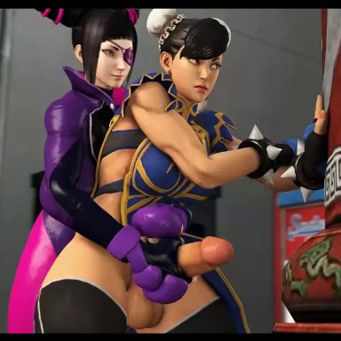 1futa, 1girls, 3d, animated, chun-li, dentol, dickgirl, erection, female on futa, from behind, futanari, handjob, juri han, penis, source filmmaker