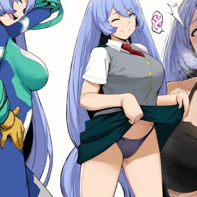 artist request, blue eyes, blue hair, bra, breasts, breath, cleavage, female, finger in mouth, heart-shaped pupils, imminent sex, large breasts, my hero academia, nejire hadou, panties