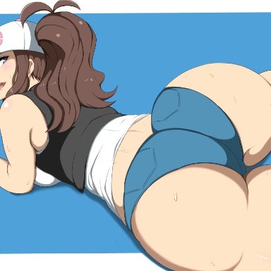 1girls, armpits, ass, back, bare shoulders, big ass, blue background, blue eyes, breasts, brown hair, eye contact, female, female only, half-closed eyes, hat