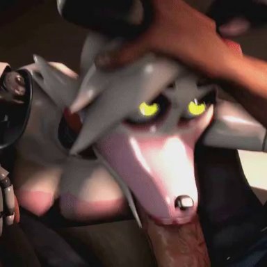 3d, animated, animatronic, anthro, areolae, black nose, breasts, canine, cum, cum in mouth, cum inside, cum string, deepthroat, duo, evilaudio