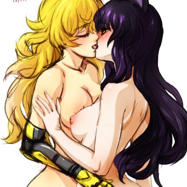 2girls, animal ears, areolae, artist name, ass, black hair, blake belladonna, blonde hair, blush, breasts, cat ears, closed eyes, collarbone, couple, curvy