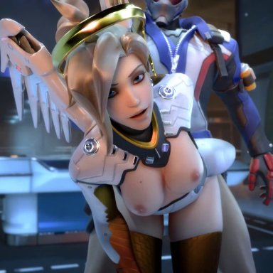 animated, bouncing breasts, ellowas, mercy, overwatch, soldier 76, sound, webm