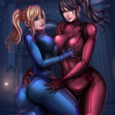 2girls, abs, alternate breast size, ass, big ass, big breasts, bodysuit, breast grab, breasts, cleavage, clothed, dark samus, female, female only, flowerxl