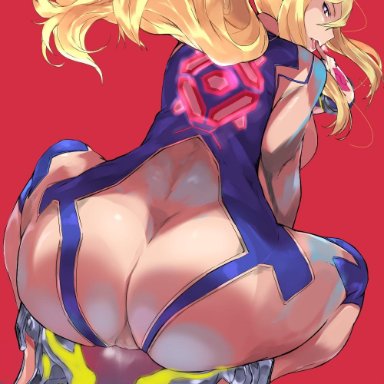 ass, back, blonde hair, blue bodysuit, bodysuit, breasts, cafekun, female, finger licking, functionally nude, heart, heart-shaped pupils, high heels, high ponytail, highres