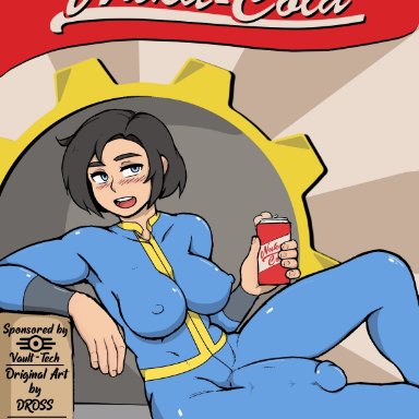 1futa, artist name, black hair, blue eyes, blush, breasts, bulge, dross, edit, fallout, futanari, huge cock, jcj, jumpsuit, nipple bulge