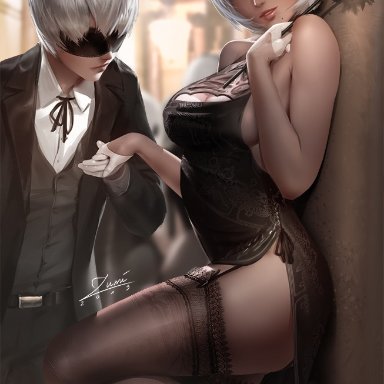 1boy, 1girls, breasts, cleavage, dress, female, garter straps, high heels, looking at viewer, male, nier, nier: automata, stockings, thighhighs, white hair